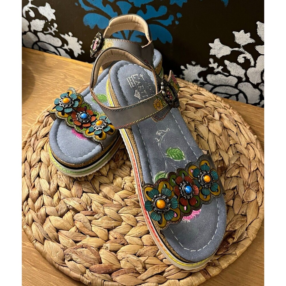 L’Artiste Onyx Sandals Women 39 US 8-8.5 Leather Floral Wedge Boho Gray Multi